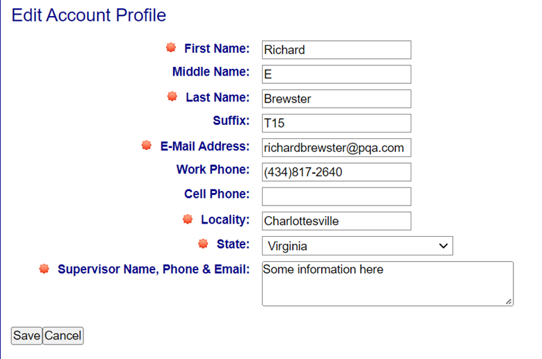 What the landing page for Edit Account profile should look like. Each 
                                        field should be typed in and required fields are marked with a red icon.